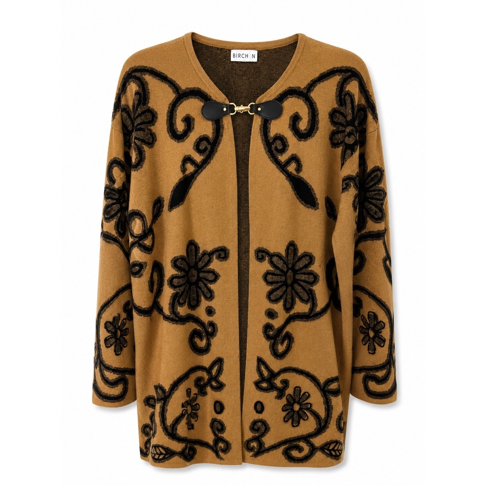 Birch NY Women Camel Tan Black Floral Jacquard Cardigan Clasp Sweater Size M